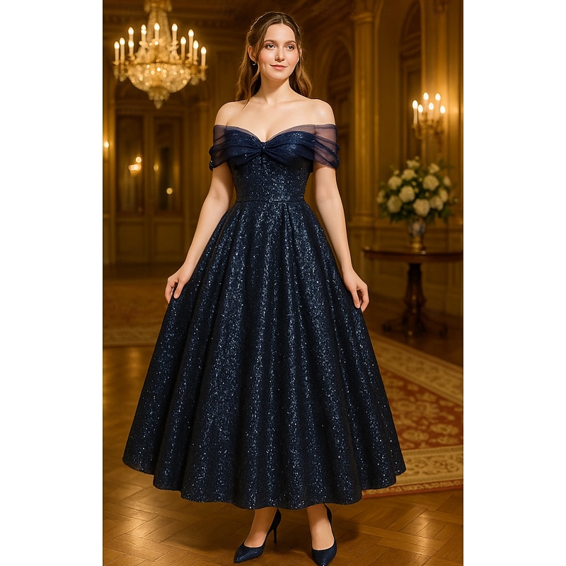 A-Line Cocktail Dresses Elegant Formal Dress Formal Wedding Floor Length Short Sleeve Off Shoulder Pocket Sequined with Glitter 2025