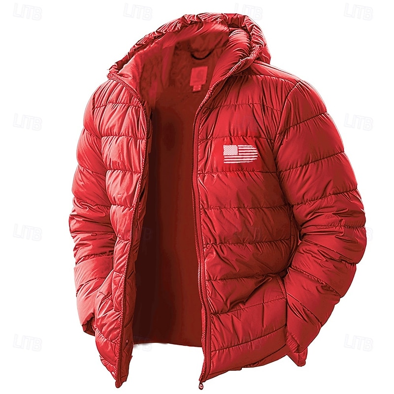Men's American US Flag Winter Coat Down Jacket Puffer Jacket Thermal Warm Rain Waterproof Lightweight Casual Outdoor Daily Padded Quilted Hooded Jacket Fall Winter Hooded Long Sleeve Red Royal Blue2