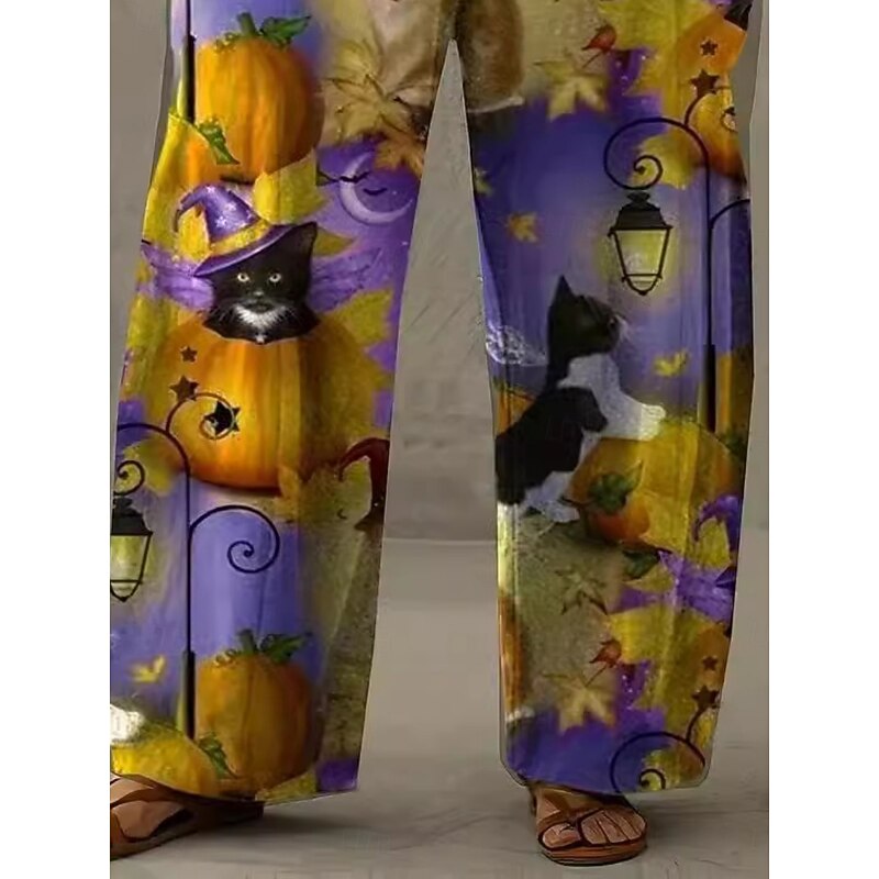 Women's Wide Leg Chinos Pants Trousers Vacation Vintage Casual Full Length High WaistPantsHalloween Cat Pumpkin Pocket Elastic Waistband Printing Comfy Soft Comfortable Stretchy Vacation Street3