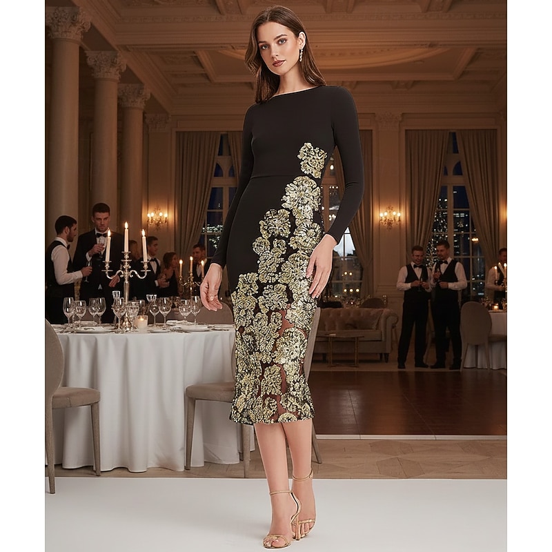 Black and Gold Sheath / Column Cocktail Dresses Elegant Formal Dress Formal Wedding Tea Length Midi Length Long Sleeve Boat Neck Stretch Crepe with Floral Sequin Applique 2025