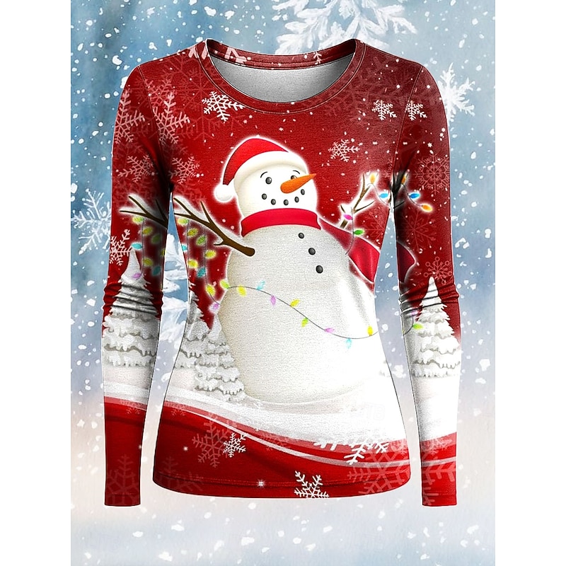 Christmas Women's T Shirt Graphic Snowman Fashion Casual Long Sleeve Crew Neck Regular Tops Daily Weekend Print White Pink Red Gray Spring Fall Winter4
