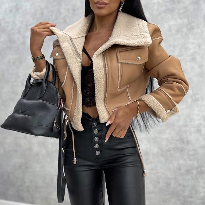 Women's Faux Leather Jacket Sherpa Jacket Warm Comfortable Zipper Pocket Casual Plain Outdoor Vacation Street Casual Short Turndown Regular Fit Long Sleeve Outerwear Black Khaki Beige Fall Winter3