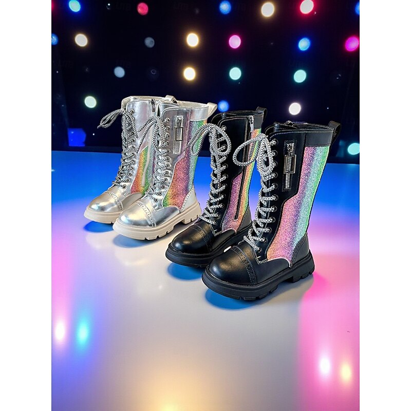 Korean Idol Inspired Pop Star Costume Shoes Girls' Patent Leather Lace-Up Knee High Boots with Side Zipper for Dance Performances and Stage Outfits3