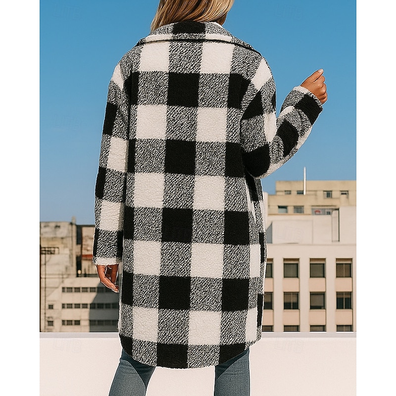 Women's Long Winter Coat Polar Fleece Jacket with Pockets Long Sleeve Top Athleisure Fall Plaid Checkered Windproof Warm Hiking Outdoor Travel Sportswear Activewear Black Khaki2