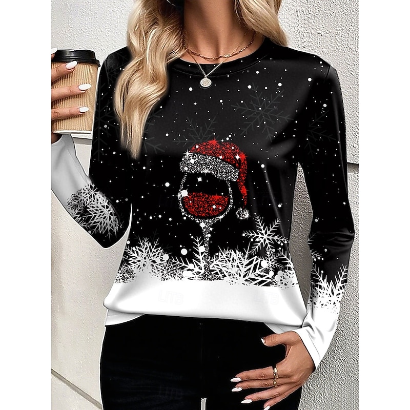 Christmas Women's T Shirt Graphic Snowflake Wine Glass Fashion Casual Long Sleeve Crew Neck Round Neck Regular Tops Daily Weekend Print Red Blue Purple Green Summer Spring Fall Winter