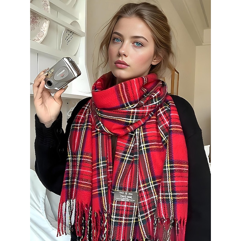 Women's Christmas Plaid Scarf, Warm Winter Tartan Shawl Wrap with Fringe, Cozy Fashion Accessory for Holiday Party and Outdoor Wear3