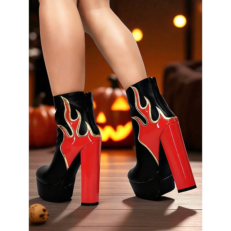 Women's Flame 1980s Punk Platform Ankle Boots – Black and Red Patent Leather with Fire Design, High Block Heel Booties for Halloween Party and Nightclub Outfits3
