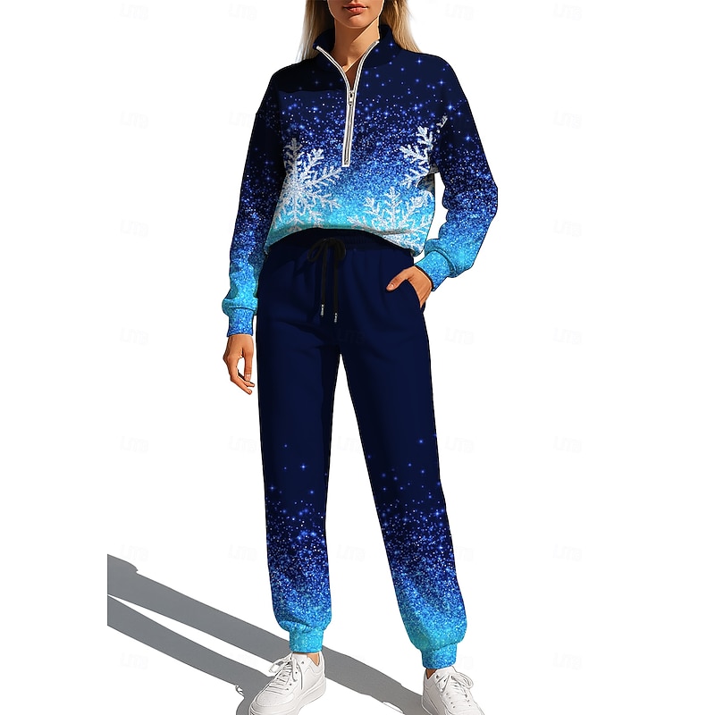 Christmas Women's Sweatshirt Tracksuit Sweatsuit Drawstring Zipper Color Gradient Jacket and Sweatpants Athletic Clothing Set Spring Dark Navy Casual Workout Outdoor Soft Baggy Long Sleeve Sport