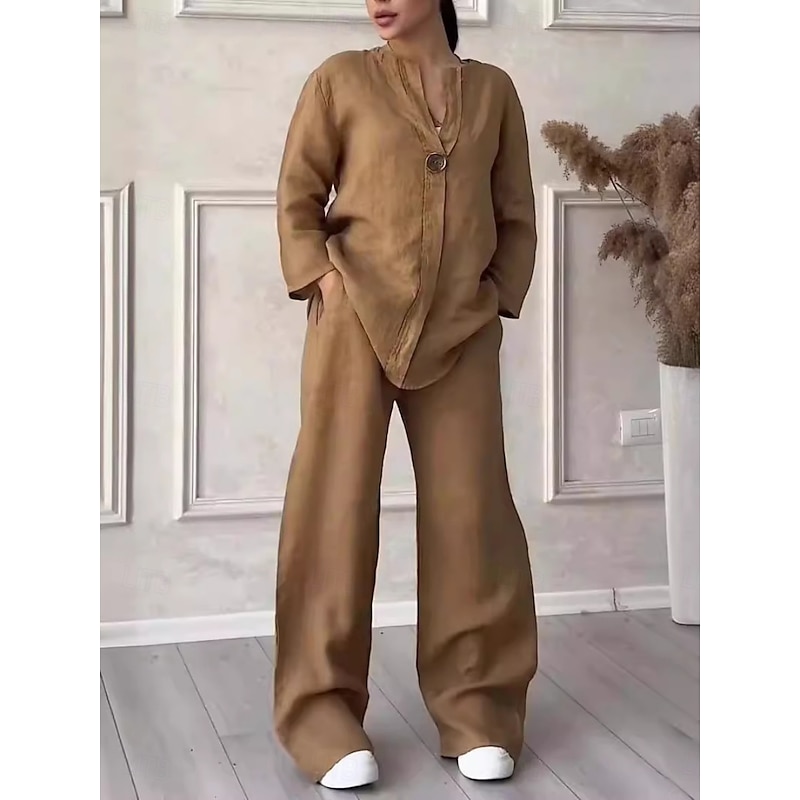 Women's Elegant Fashion Streetwear Cotton Linen Sets Long Sleeve Crew Neck Solid Color Outdoor Casual Daily Dark Grey White Pink Summer Loose Fit4