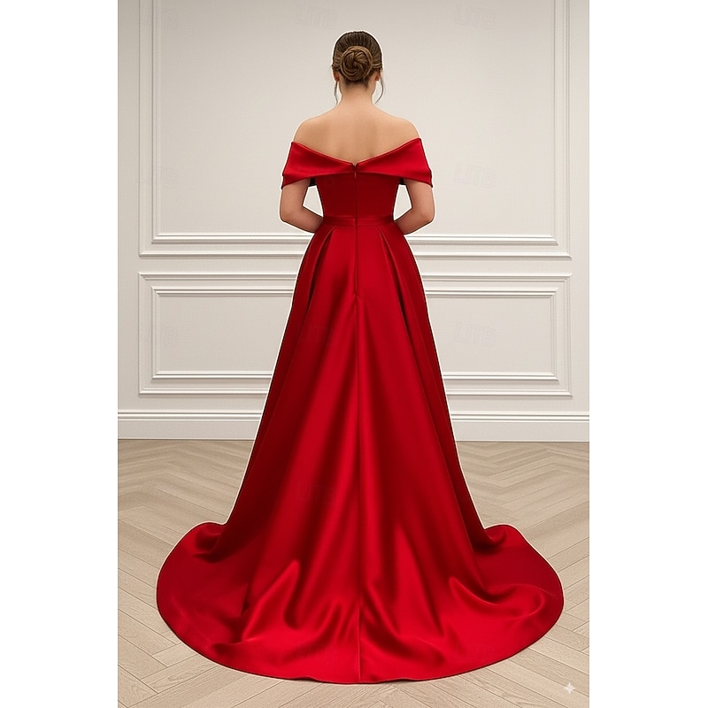 Red Black Sheath / Column Evening Gown Elegant Formal Dress Formal Wedding Floor Length Short Sleeve Off Shoulder Detachable Satin with Glitter Beading Sequin 20252