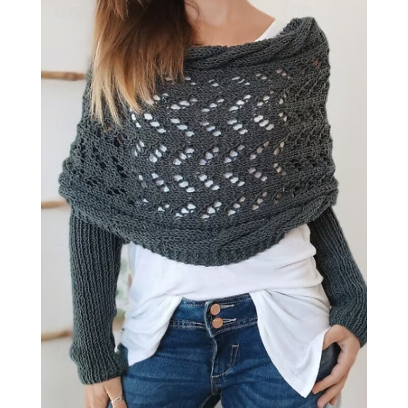 Women's Sweater Shrug Streetwear Casual Solid Color Boat Neck Hollow Out Knitted Long Sleeve Crop Tops Knit Holiday Going out Weekend Wine Red Black Fall Winter3