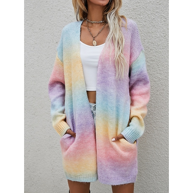 Women's Sweater Cardigan Elegant Fashion Streetwear Color Gradient Open Front Pocket Knitted Print Long Sleeve Regular Tops Knit Outdoor Daily Weekend Yellow Pink Spring Fall2