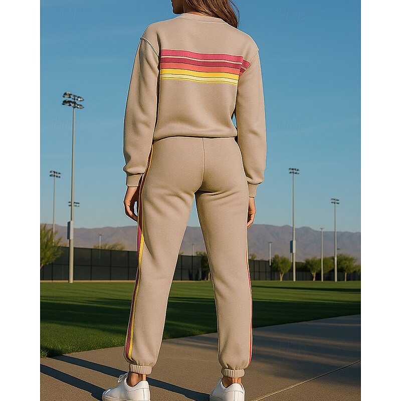 Women's 2 Piece Tracksuit Sweatsuit Sets Sportswear with Pocket Striped Clothing Suit Fall Dark Pink White Vocation Outdoor Travel Lightweight Fashion Long Sleeve Sport Activewear Micro-elastic2