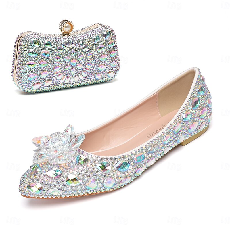 Women's Wedding Shoes Dress Shoes Glitter Crystal Sequined Jeweled Comfort Shoes Contrast Color Wedding Flats Bridal Shoes Bridesmaid Shoes Rhinestone Crystal Flower Flat Heel Pointed Toe Fashion3