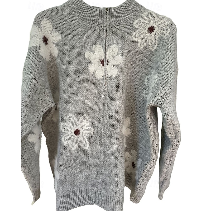 Women's Sweater Pullover Fashion Streetwear Casual Floral Crew Neck Zipper Knitted Print Long Sleeve Regular Tops Knit Daily Holiday Going out Light Grey Fall Winter4