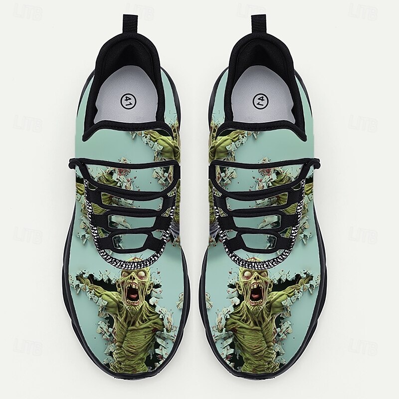 Men's Halloween Zombie Graphic Sneakers – Creepy Horror Print Lace-Up Shoes for Cosplay, Party, Club Night and Halloween Festival Wear