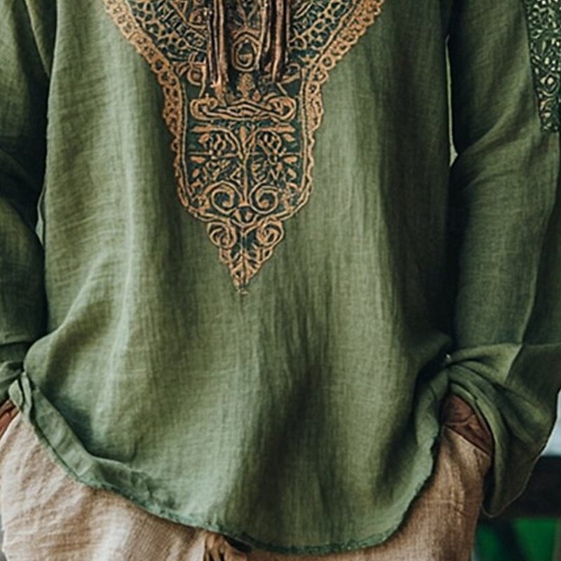 Men's Linen Shirt Summer Shirt Vintage Shirt Ethnic Shirt Long Sleeve Shirt Boho Vacation Street Green Long Sleeve V Neck Summer Spring Clothing Apparel Ethnic3