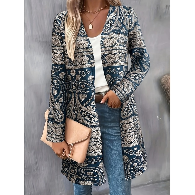 Women's Winter Coat Trench Coat Lightweight Comfortable Print Open Front Vintage Fashion Casual Boho Vintage Geometric Vacation Casual Long Collarless Regular Fit Long Sleeve Outerwear Red Blue Purple4