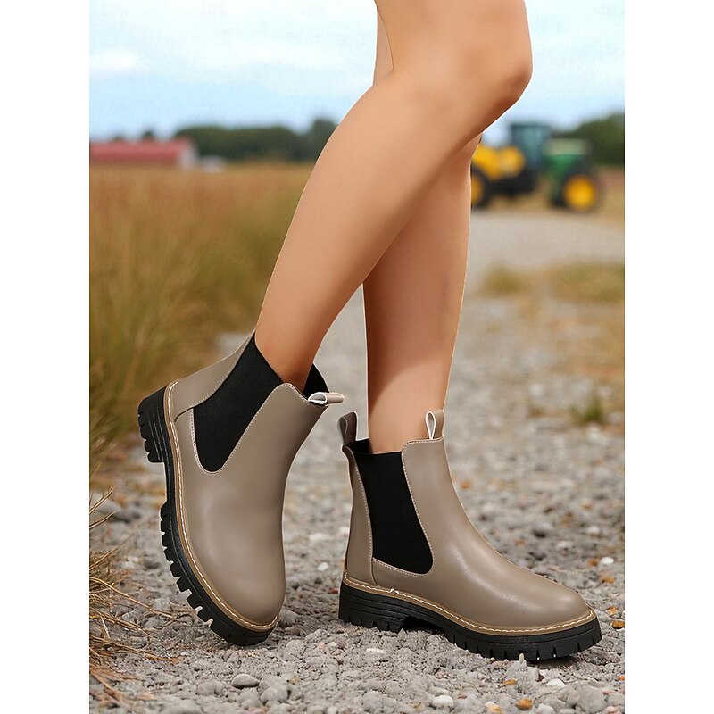 Women's Chelsea Ankle Boots – Faux Leather Slip-On Elastic Side Chunky Heel Shoes for Daily Wear and Fall Fashion4