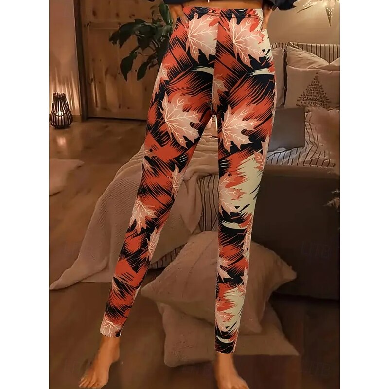 Women's Leggings Vacation Vintage Fashion Full Length High Waist Floral Graphic Leaf Printing Thermal Warm Soft Breathable Stretchy Vacation Street Black Orange Brown Spring Fall Winter Slim Fit3