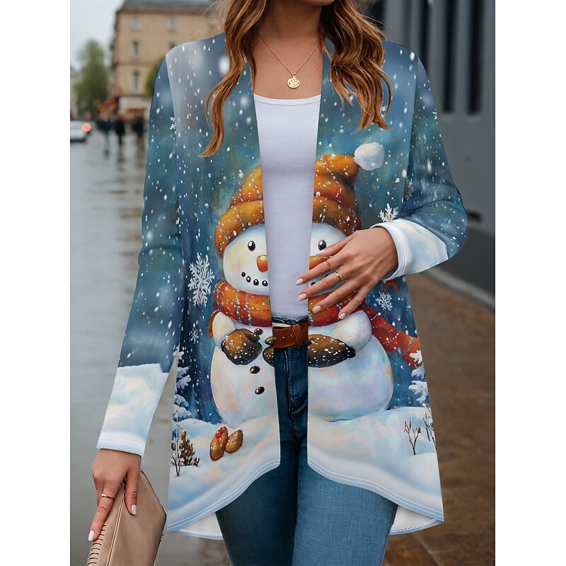 Women's Winter Coat Lightweight Comfortable Print Open Front Vintage Fashion Casual Snowman Vacation Casual Long Collarless Regular Fit Long Sleeve Outerwear Black Red Blue Spring Fall3