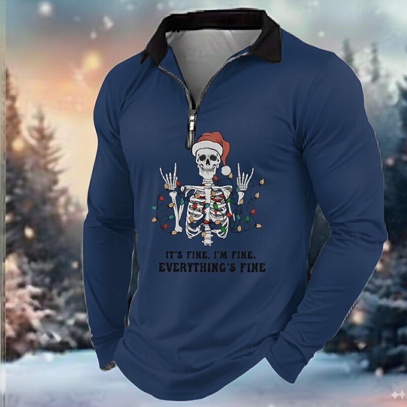 Christmas Men's Text / Number Lanterns Polo Long Sleeve Turndown Modern Leisure Athleisure Casual Daily Festival Zipper 3D Print Spring Fall Winter White Red Blue3