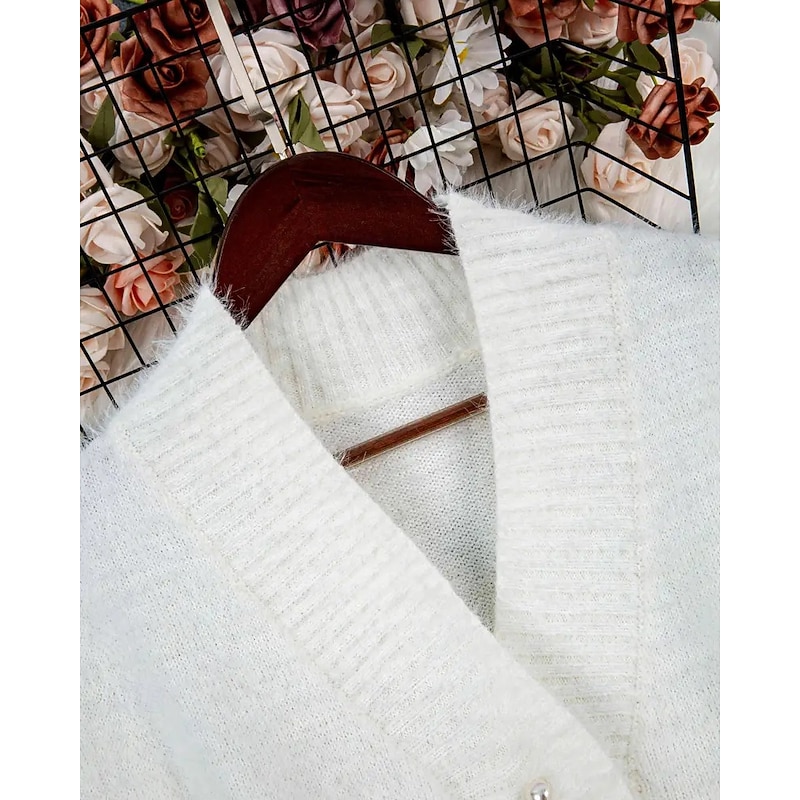 Women's Sweater Cardigan Elegant Fashion Streetwear Pure Color V Neck Pocket Knitted Long Sleeve Regular Tops Knit Outdoor Daily Weekend White Fall Winter3