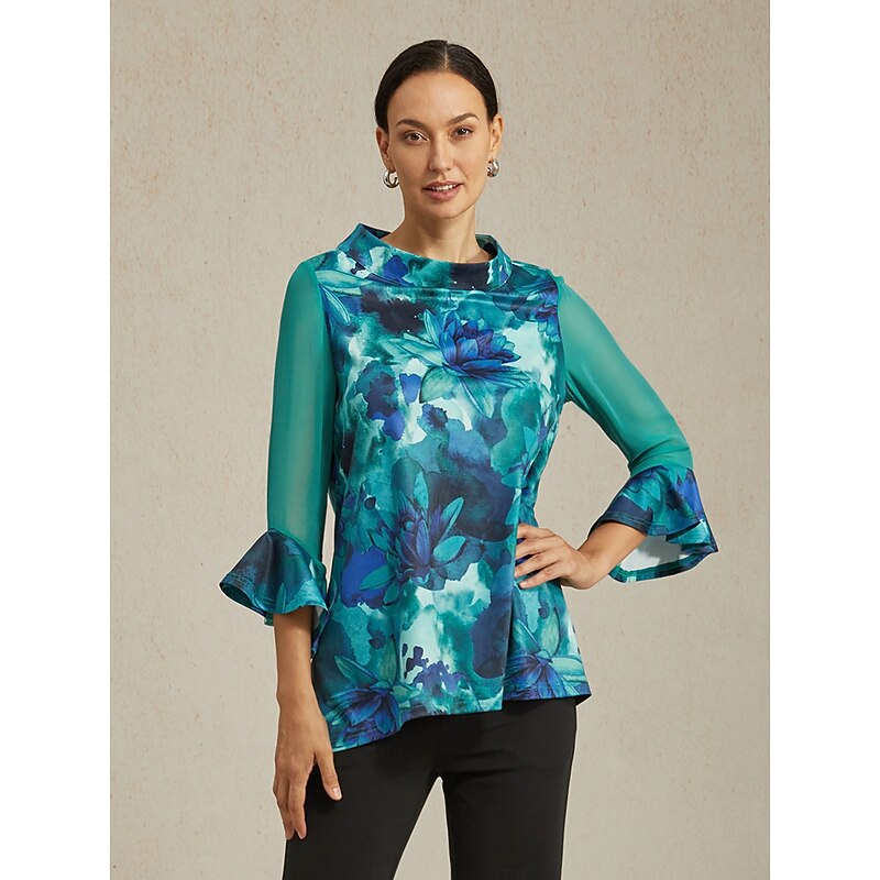 Women's Blouse Green Tie Dye Floral Stretch Knit Pullover Comfortable Fit Casual Vacation Spring Summer Fall