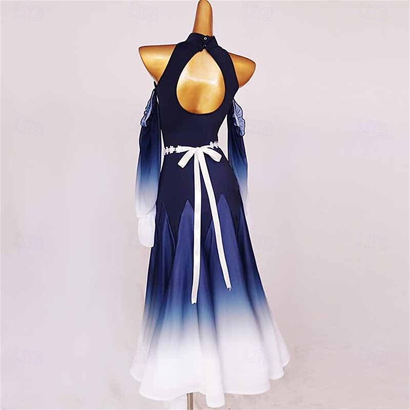 Women's Purple Ombre Ballroom Dance Dress with Flowing Sleeves, Belted Waist, and Halter Neck – Perfect for Latin, Tango, and Performance Wear4