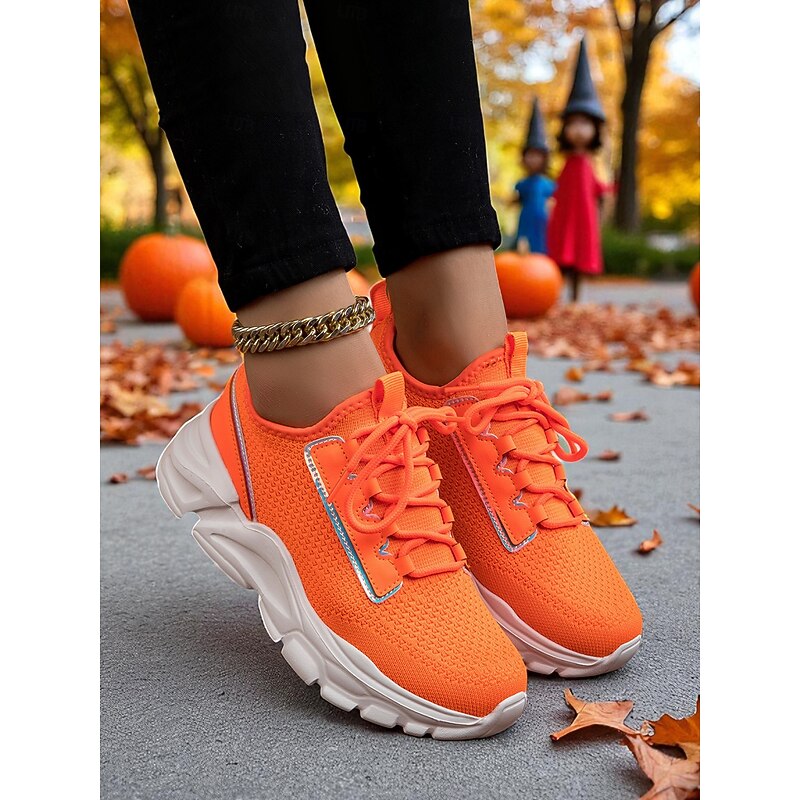 Women's Orange Athletic Sneakers – Breathable Lace-Up Chunky Sole Running Shoes for Walking, Fitness and Casual Outfits4