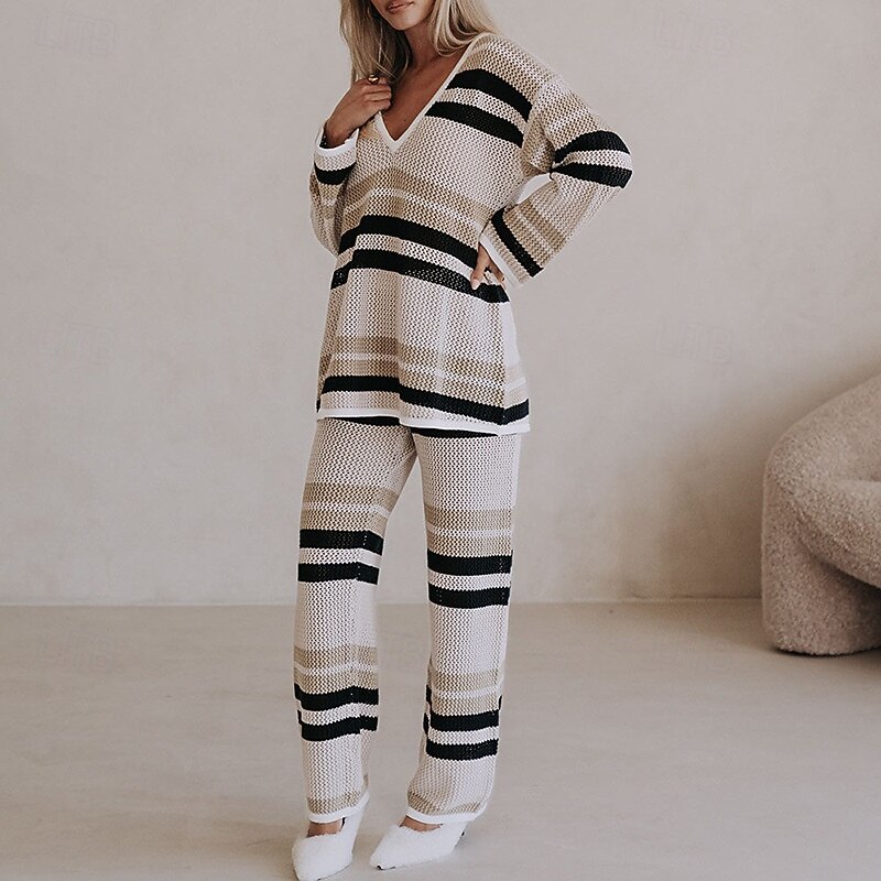 Women's Sweater Sweater Set Streetwear Casual Striped V Neck Knitted Long Sleeve Regular Tops Knit Outdoor Daily Holiday Khaki Fall Winter