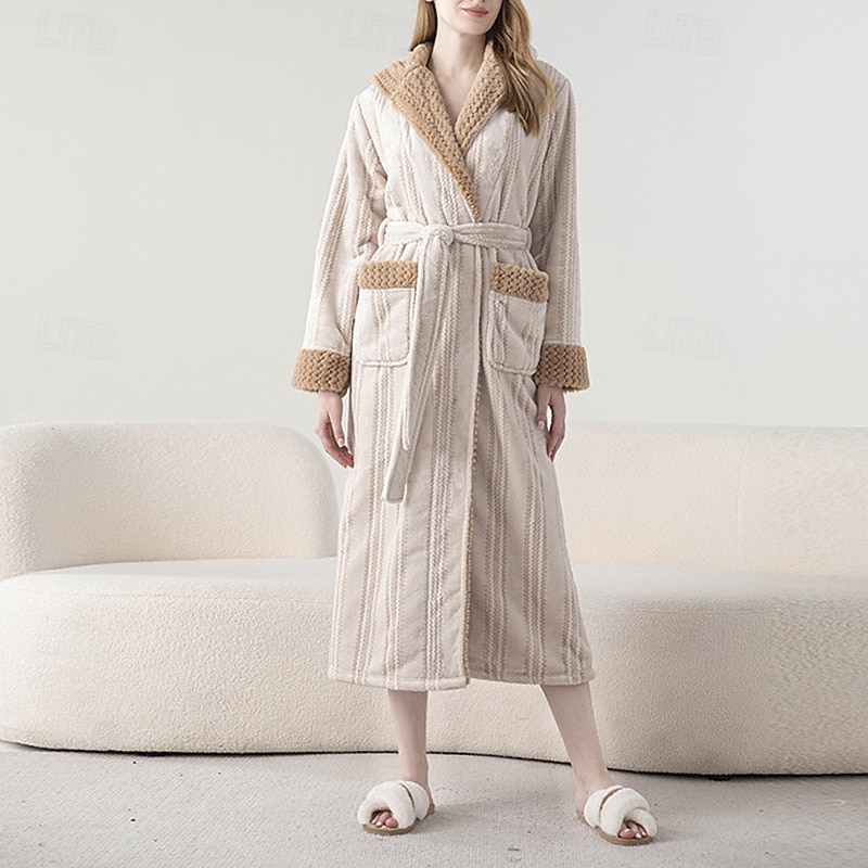 Women's Pajamas Robe Fashion Pure Color Pocket Vacation Home Bed Long Sleeve V Neck Navy Blue Purple Brown Beige Gray Fall Winter Tailored Fit2