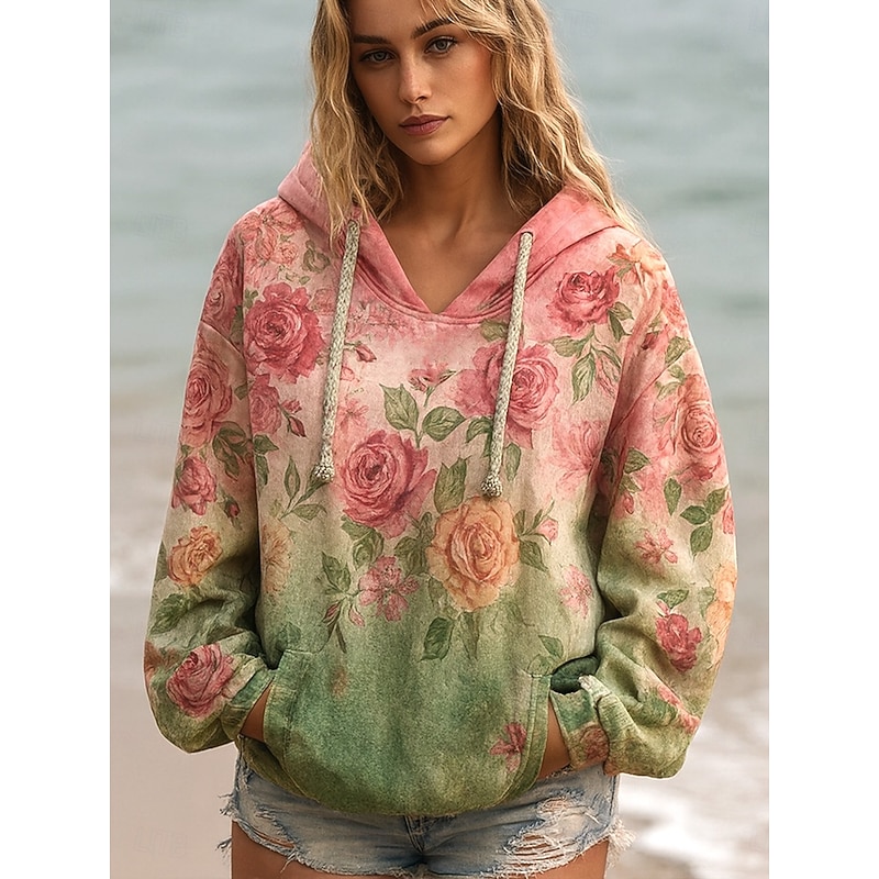 Women's 3D Print Vintage Boho Hoodie Patchwork Hoodie Sweatshirt Floral Pullover Sweatshirt  Punk Active Vintage Long Sleeve Hooded  Street Dailywear Print Front Pocket Green Spring Fall Winter