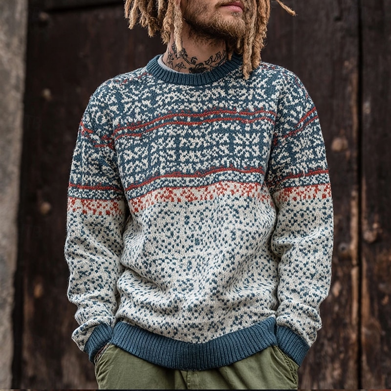 Christmas Men's Fair isle Sweater Pullover Sweater Jumper Knitwear Crewneck Casual Vacation Daily 3D Print Keep Warm Long Sleeve Spring Fall Winter Blue