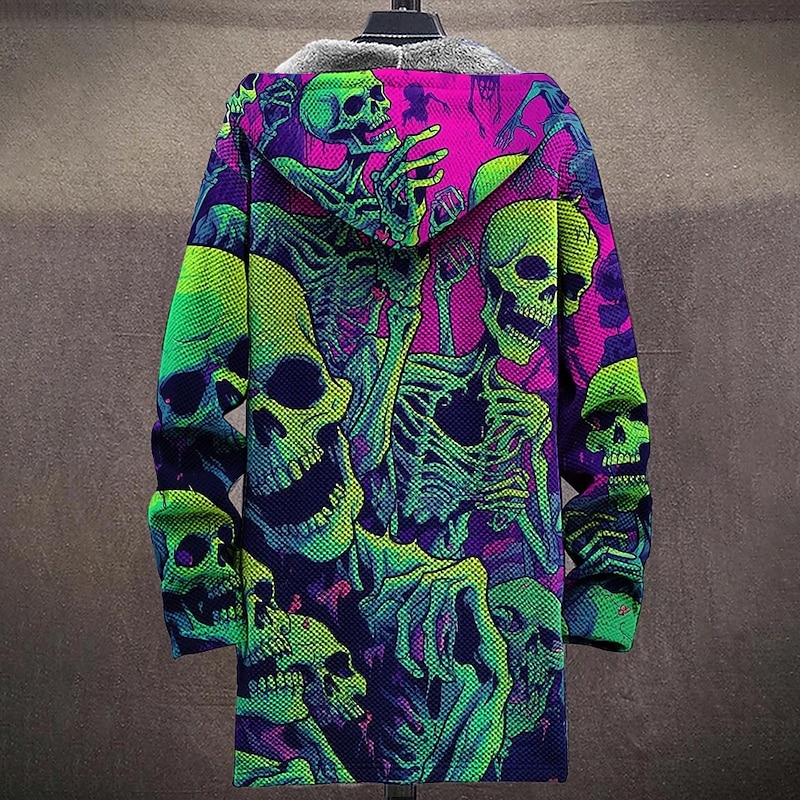 Men's Skulls Winter Coat Fleece Jacket Coat Thermal Warm Comfortable Casual Daily Wear Zipper Pocket 3D Print Fall Winter Hooded Long Sleeve Green2