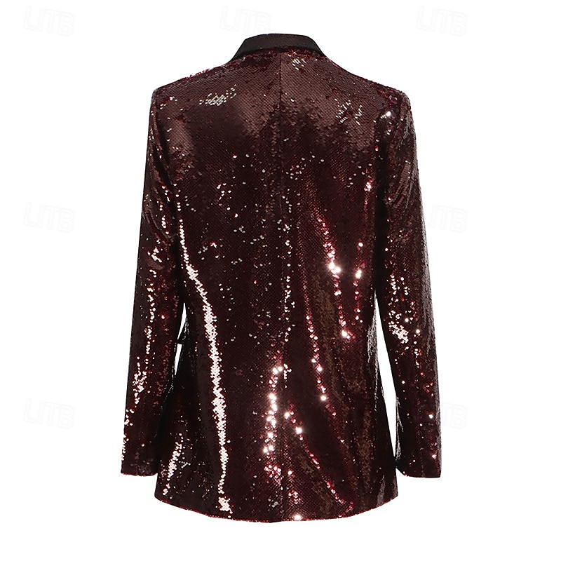Burgundy Women's Women Blazer Sequin Sport Coat Metal Buttons Formal Wedding Guest Sequin Elegant Long Sleeve Notched Lapels Single Breasted4