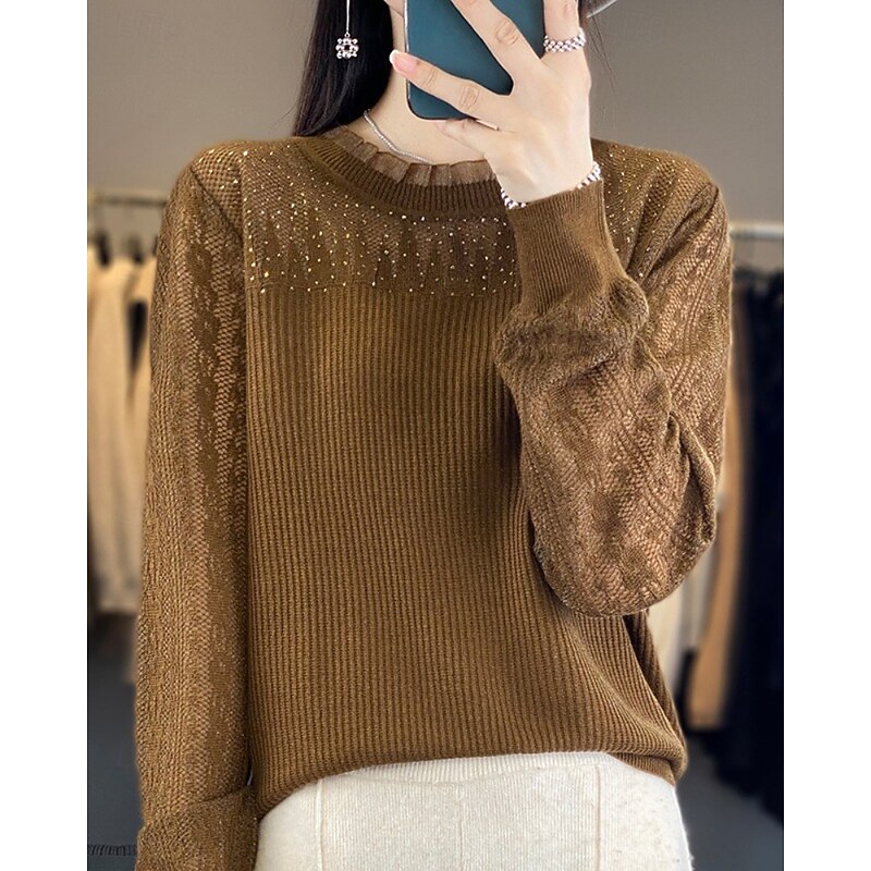 Women's Sweater Pullover Streetwear Casual Solid Color Stand Collar Lace Patchwork Knitted Long Sleeve Regular Tops Knit Daily Holiday Going out Wine Red Black Fall Winter2