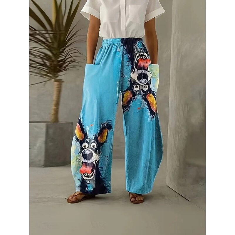 Women's Wide Leg Chinos Pants Trousers Vacation Fashion Casual Full Length High WaistPantsHalloween Cat Pocket Elastic Waistband Printing Comfy Soft Comfortable Stretchy Outdoor Street Black Yellow3