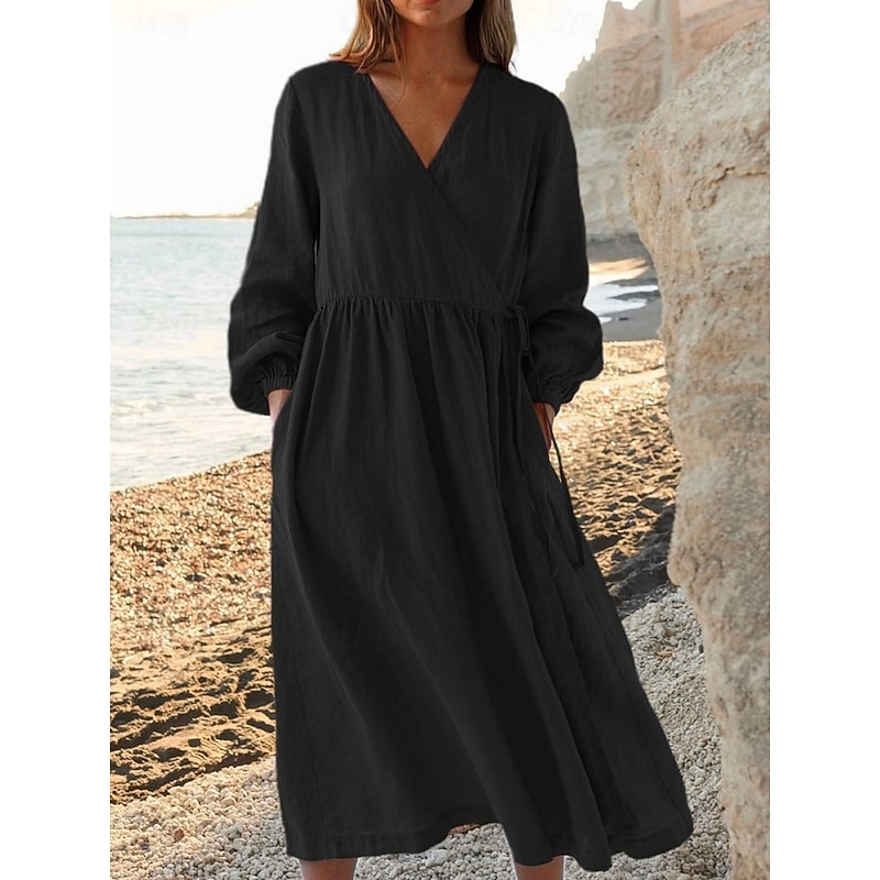 Women's Midi Dress A Line Dress Casual Daily Loose Fit Plain Long Sleeve V Neck Black White Yellow Red Summer Spring Fall2
