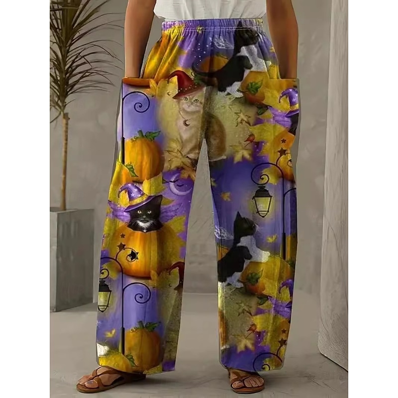 Women's Wide Leg Chinos Pants Trousers Vacation Vintage Casual Full Length High WaistPantsHalloween Cat Pumpkin Pocket Elastic Waistband Printing Comfy Soft Comfortable Stretchy Vacation Street
