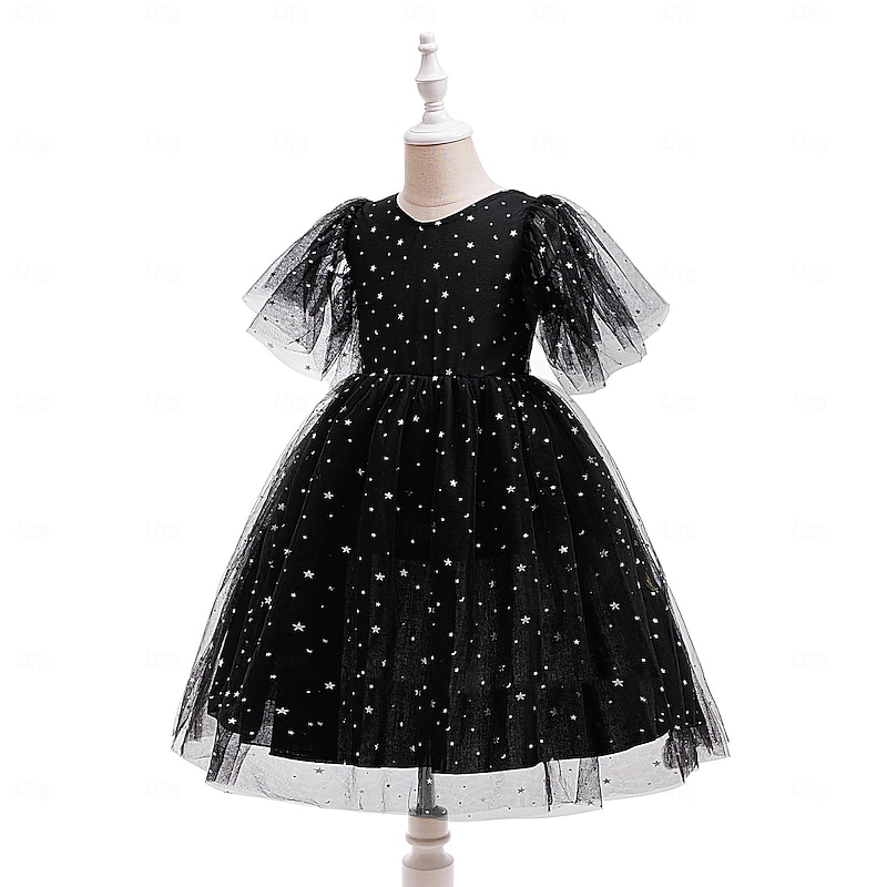 Kids Girls' Party Dress Solid Color Short Sleeve Special Occasion Birthday Princess Sweet Polyester Midi Party Dress Summer Spring Fall kids Black4