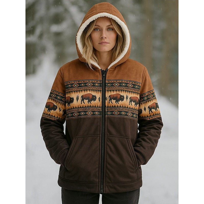 Women's Winter Coat Warm Zipper Pocket Print Fashion Casual Animal Street Casual Regular Hooded Regular Fit Long Sleeve Outerwear Blue Purple Green Spring Fall