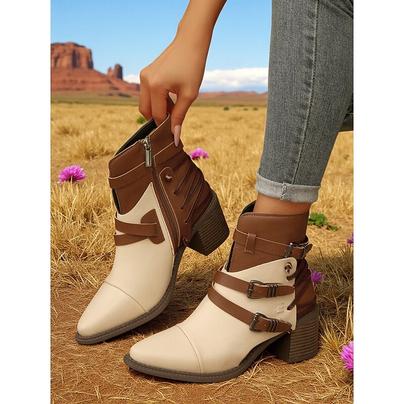Women's Beige Ankle Boots with Buckle Straps – Retro Block Heel Short Boots for Streetwear and Fall Outfits4