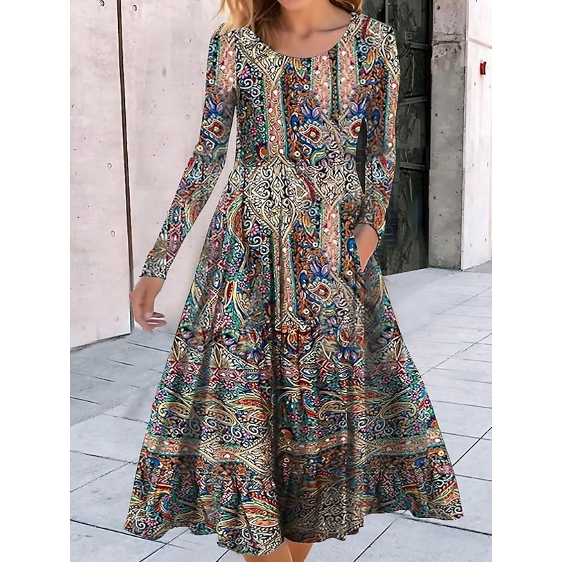 Women's Midi Dress A Line Dress Casual Daily Regular Fit Floral Geometric Long Sleeve Crew Neck Black Red Blue Purple Spring Fall3