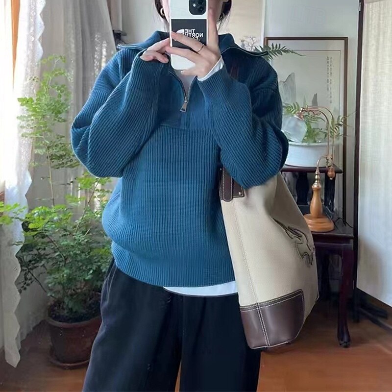 Women's Sweater Fashion Streetwear Casual Solid Color Ribbed Half Zip Knitted Long Sleeve Regular Tops Knit Outdoor Daily Weekend Blue Fall Winter2
