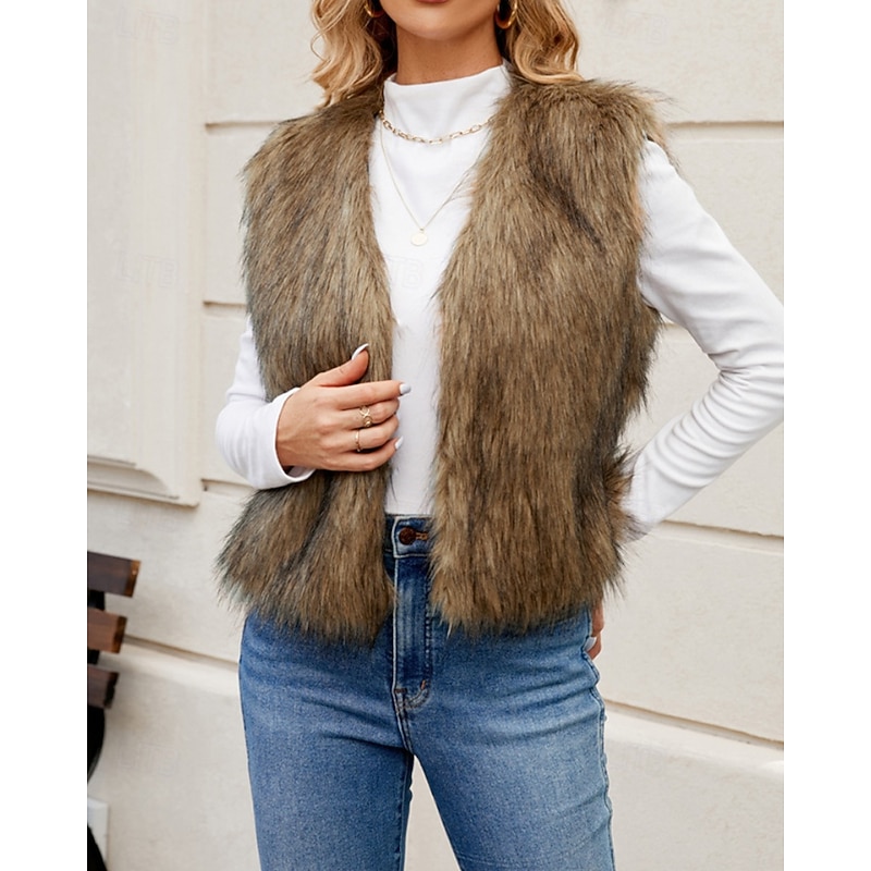 Women's Vest Faux Fur Coat Comfortable Furs & Leathers Fashion Plain Vacation Street Daily Wear Going out Regular V Neck Regular Fit Sleeveless Outerwear Black White Yellow Fall Winter2