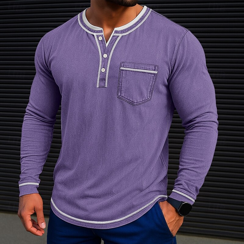 Men's Henley Shirt Long Sleeve Henley Spring Fall All Seasons Vintage Retro Vintage Casual 2 in 1 Front Pocket Casual Gray Wine Purple Top Tee for Men4