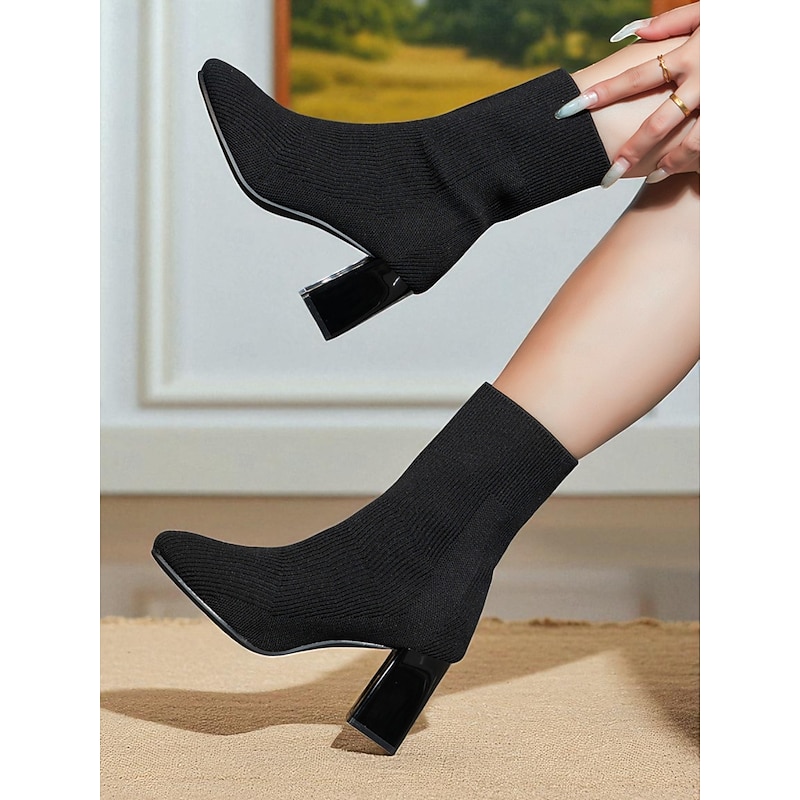 Women's Black Knit Sock Fashion Boots – Stretch Ankle Booties with Block Heels for Fall Winter Streetwear and Casual Outfits4