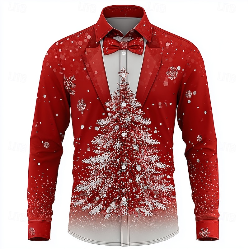 Christmas Men's Snowflake Christmas Costume Suit Tie Printed Tuxedo Shirt Button Up Shirt Long Sleeve Funny Outdoor Holiday Spring Fall Turndown 3D Print Collared Shirts Red 1 Red 3 Red Red 22