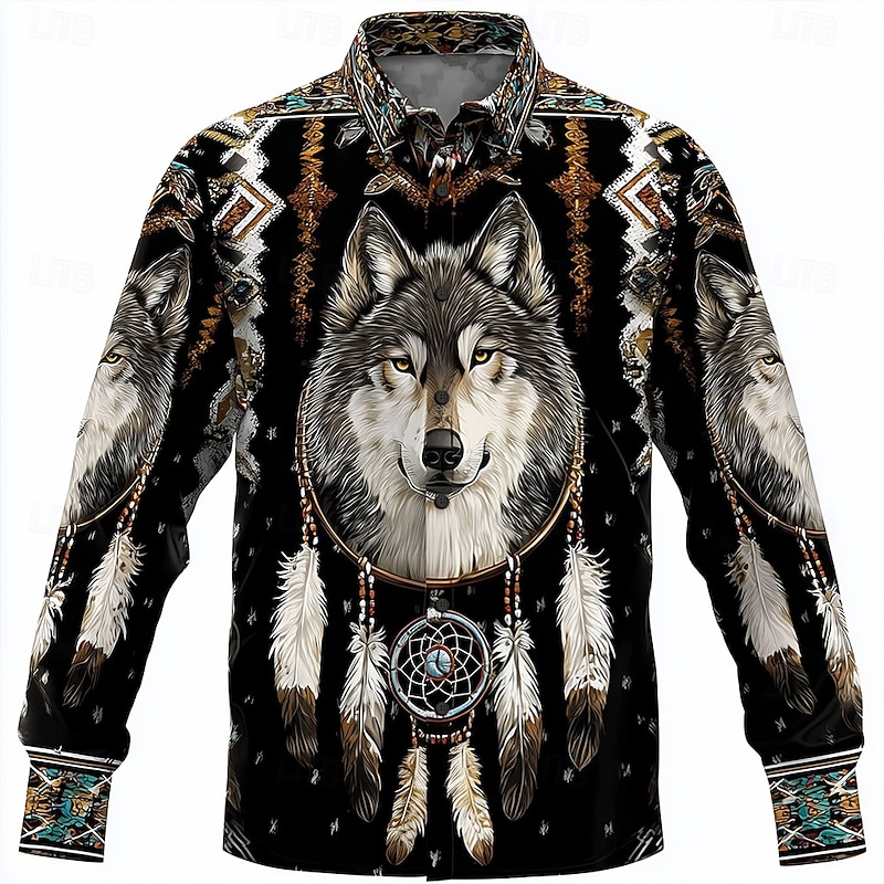 Men's Wolf Dream Catcher Ethnic Shirt Button Up Shirt Long Sleeve Vintage Retro Outdoor Camping & Hiking Hunting Spring Fall Turndown 3D Print Collared Shirts Black 1 Black Black 22